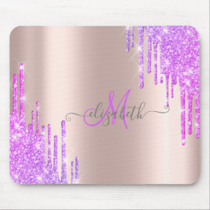 Moderne Violet Glitzer Tropfen Rose Gold Monogram Mousepad