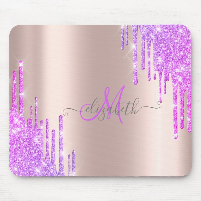 Moderne Violet Glitzer Tropfen Rose Gold Monogram Mousepad (Vorne)