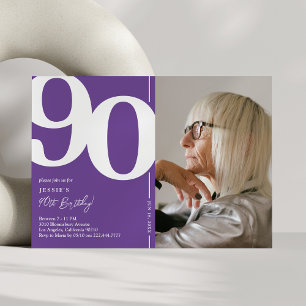 Moderne violette 90. Geburtstags-Fotoeinladung Einladung