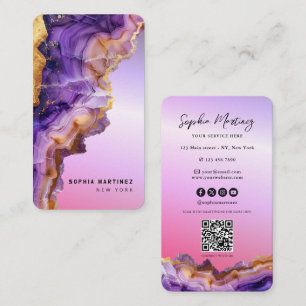 Moderne violette Achat-Goldmarmor- & QR-Code-Logo Visitenkarte