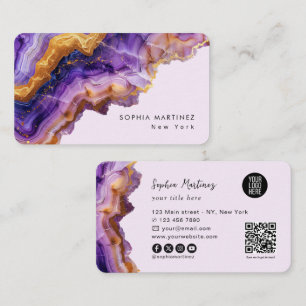 Moderne violette Achat-Goldmarmor & QR-Code-Logo Visitenkarte
