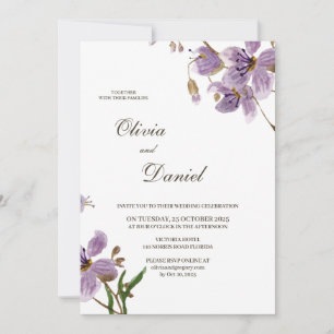 Moderne, violette Blumen zum Hochzeitsempfang Einladung