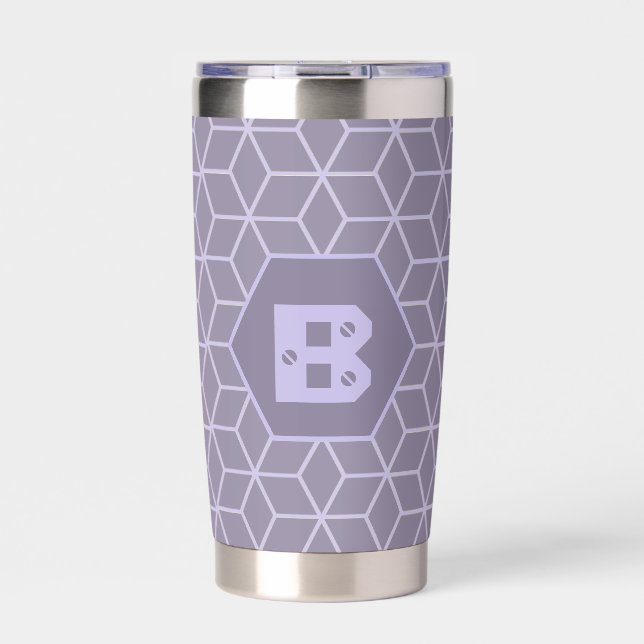 Moderne violette geometrische Würfelmuster-Monogra Thermobecher (Vorderseite)