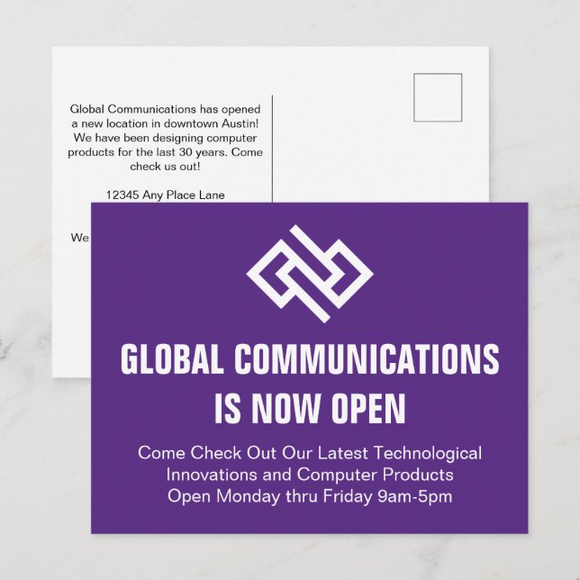 Moderne violette Geschäftseröffnungs-Werbung Postkarte (Vorne/Hinten)