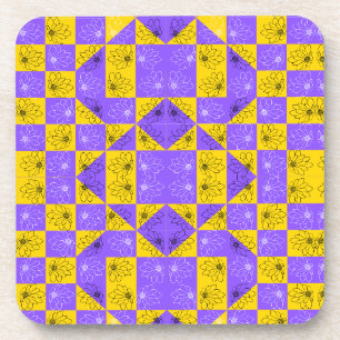 Moderne violette und goldene Schachbrett-Blumenmus Getränkeuntersetzer