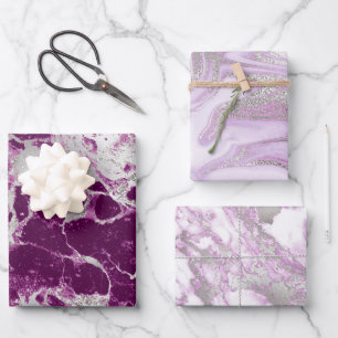 Moderne violette, weiße und silberne Marmormuster Geschenkpapier Set