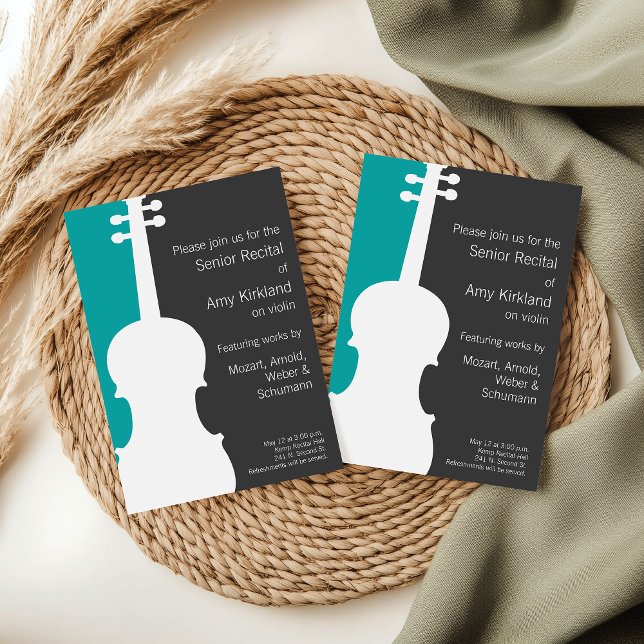 Moderne Violine / Viola Einladung - Blau (Modern violin customizable senior music recital invitation.)