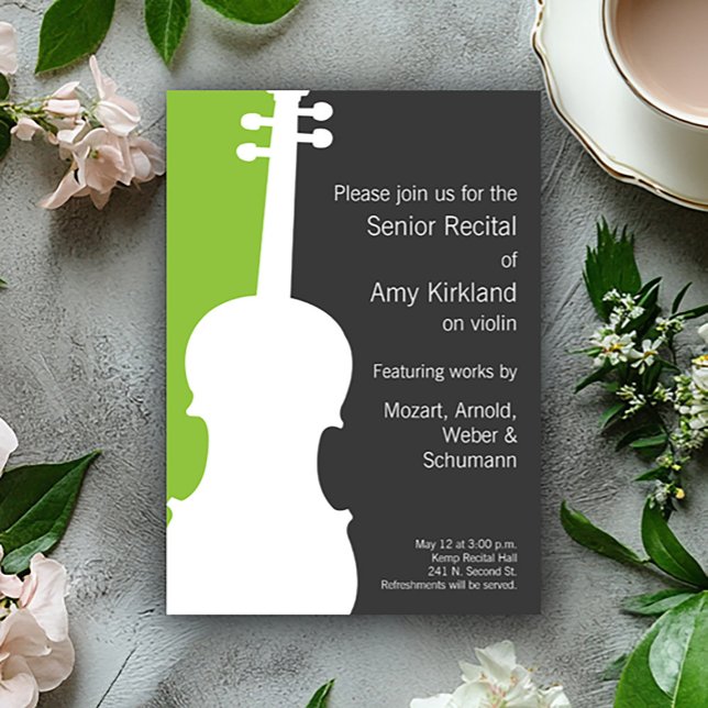 Moderne Violine / Viola Einladung - Grün (Modern violin senior recital invitations in green.)
