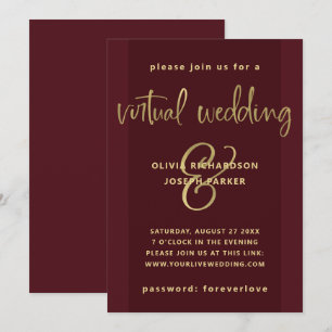 Moderne virtuelle Hochzeit Burgund und Gold Einladung
