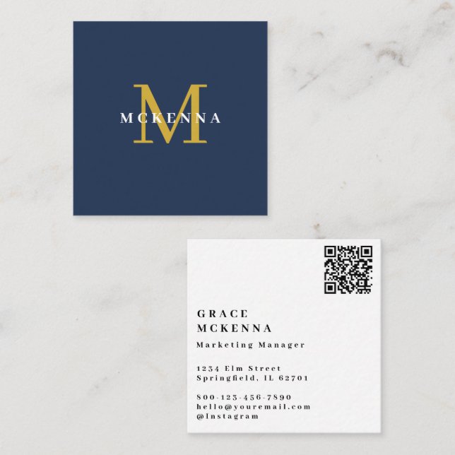 Moderne Visitenkarte mit QR-Code in Navyblau und G (Vorne/Hinten)