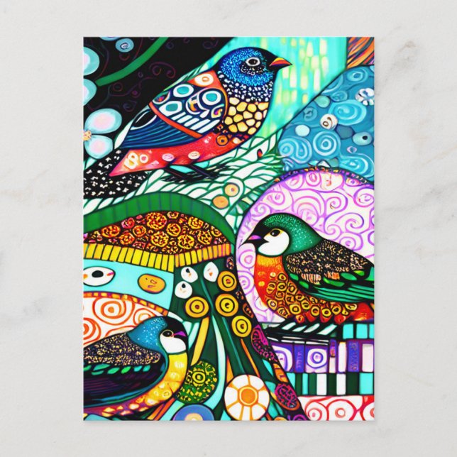 Moderne Vögel mit kühnen Mustern Postkarte (Vorderseite)