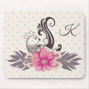 Moderne Vogel und Flora Dotty Mit Monogramm Mousepad