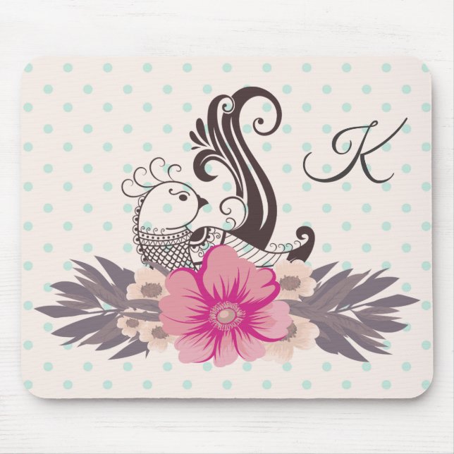 Moderne Vogel und Flora Dotty Mit Monogramm Mousepad (Vorne)