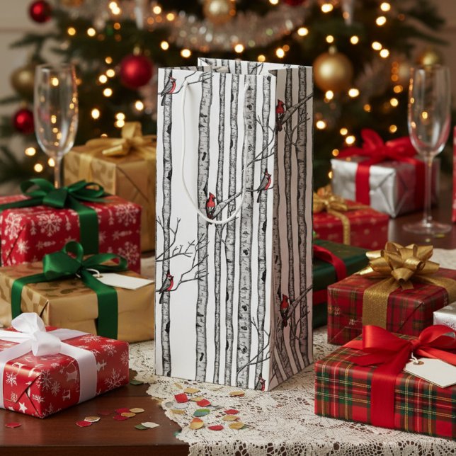 Moderne Vogelbäume und Vögel des Roten Kardinals Geschenktüte Für Weinflaschen (Festive Merry Christmas Rustic Birch Trees & Red Cardinal Birds Winter Wine Gift Bag in White.)