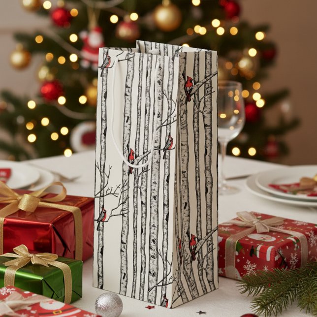Moderne Vogelbäume und Vögel des Roten Kardinals Geschenktüte Für Weinflaschen (Festive Merry Christmas Rustic Birch Trees & Red Cardinal Birds Winter Elegant Ivory Wine Gift Bag )