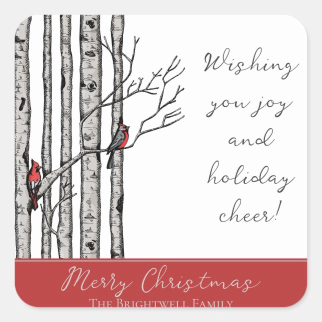 Moderne Vogelbäume und Vögel des Roten Kardinals Quadratischer Aufkleber (Vorderseite)