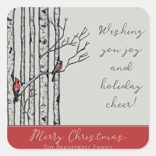 Moderne Vogelbäume und Vögel des Roten Kardinals Quadratischer Aufkleber (Vorderseite)