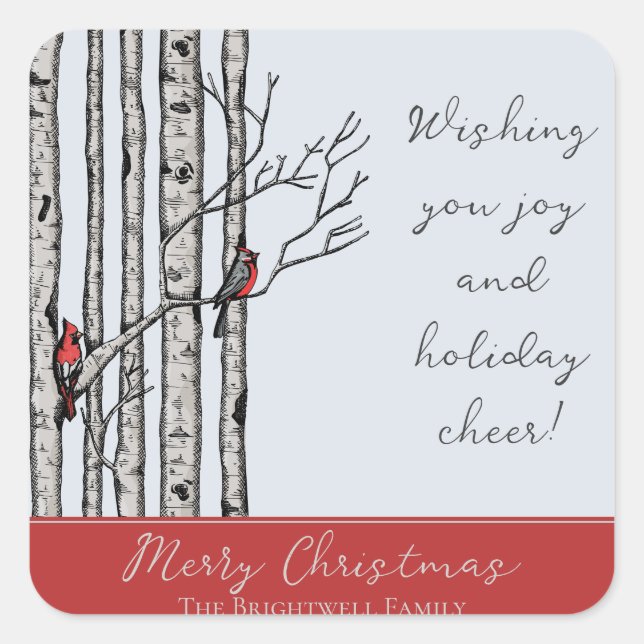 Moderne Vogelbäume und Vögel des Roten Kardinals Quadratischer Aufkleber (Vorderseite)