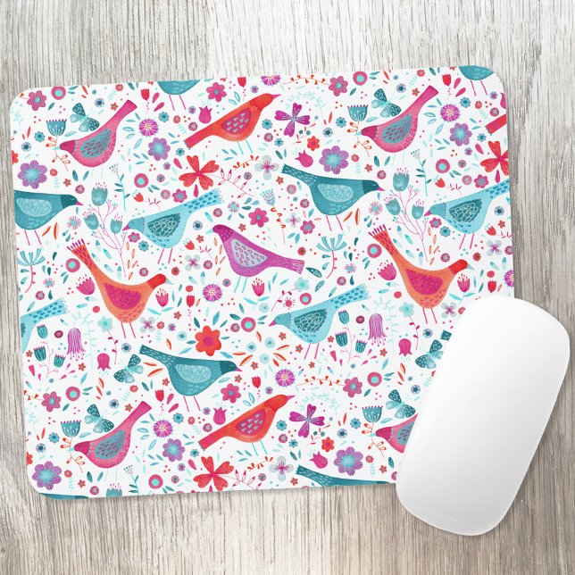 Moderne Vogelflorenfarbe Mousepad (Watercolor bird and flower pattern art mousemat)
