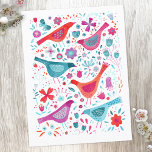 Moderne Vogelflorenfarbe Postkarte<br><div class="desc">Moderne und zeitgenössische Aquarellvögel und Blume in aquamarinem Grün,  Magenta Rosa und Rot auf weißem Hintergrund. Originelle Kunst von Nic Squirrell.</div>