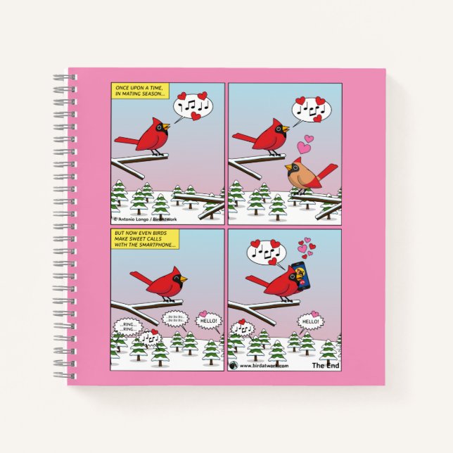 Moderne Vogelpaarung ruft Comic auf Notizbuch (Vorderseite)