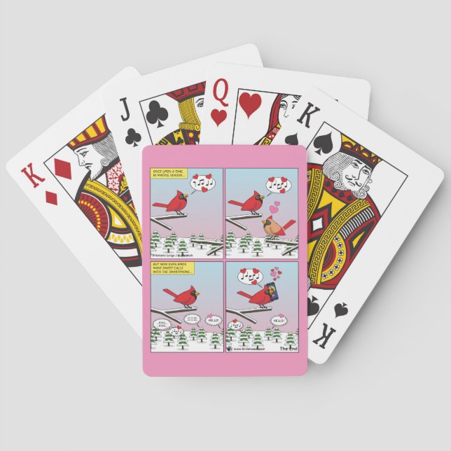 Moderne Vogelpaarung ruft Comic auf Spielkarten (Rückseite)