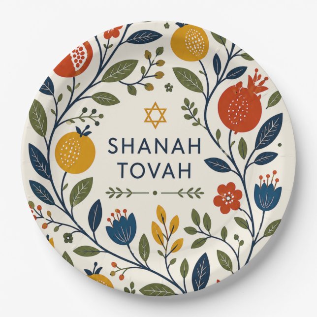 Moderne Volkskunst Schana Tova Botanisch  Pappteller (Vorderseite)