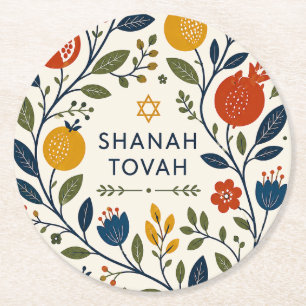 Moderne Volkskunst Shana Tovah Botanisch Runder Pappuntersetzer
