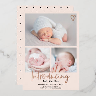 Moderne Vorstellung rosafarben 3 Fotos Baby Geburt Folieneinladung