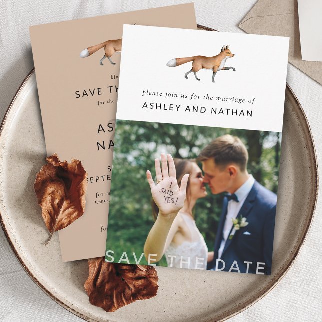 Moderne Wald-Fuchs-Foto-Hochzeit Save The Date (Modern Woodland Fox Photo Wedding Save The Date)