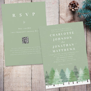 Moderne Wald-QR-Code-Sage-Grün-Winterhochzeit Einladung
