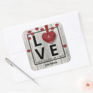 Moderne Wald Valentine's Day LIEBE Rotes Herz Rust Quadratischer Aufkleber
