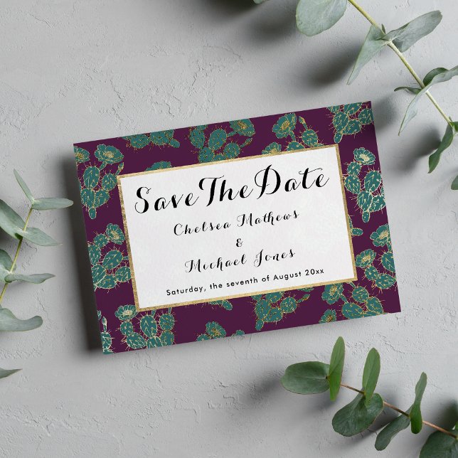 Moderne Waldgrün-Bordeaux-Goldkaktus Save The Date (Modern forest green burgundy gold cactus floral save the date )