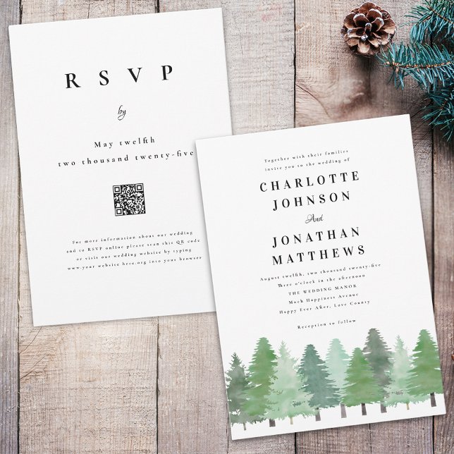 Moderne Waldlandschaft QR Code Winterhochzeit Einladung (Modern watercolor Woodland pine forest qr code wedding invitation)