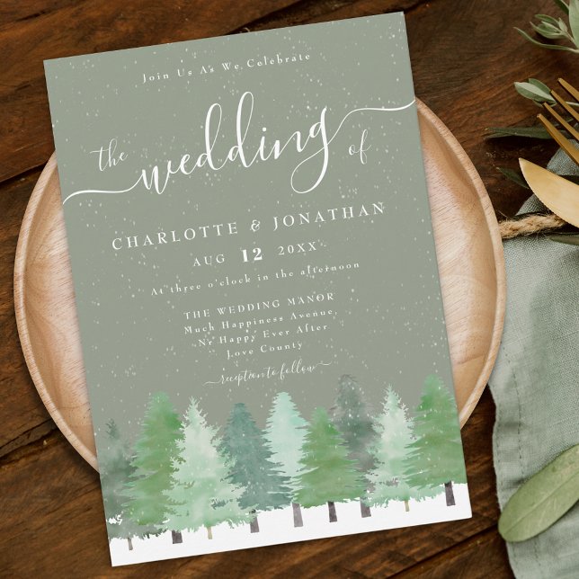 Moderne Waldlandschaft Rustikale Landschaft Grünen Einladung (Rustic elegant watercolor snowy evergreen Woodland winter forest sage green wedding invitation)