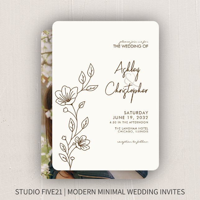 Moderne Walnut Brown Foliage Kontur Foto Hochzeit Einladung (Von Creator hochgeladen)