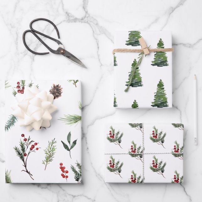 Moderne warme Rot Winter Wasserfarbe Geschenkpapier Set (Vorderseite)