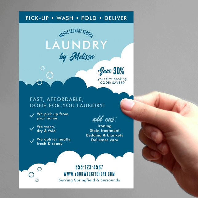 Moderne Waschsalon-Marketing für Mobile Wäschereie Flyer (Modern laundry service marketing flyer in blue and white with fully editable text & QR code)