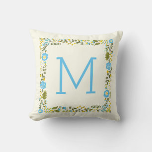 Moderne Wasser- und Gelb-Blumenborder und Monogram Kissen