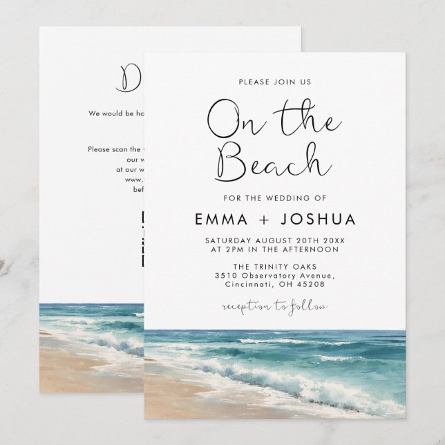 Moderne Wasserfarbe am Strand QR-Code-Hochzeit Einladung (Vorne/Hinten)