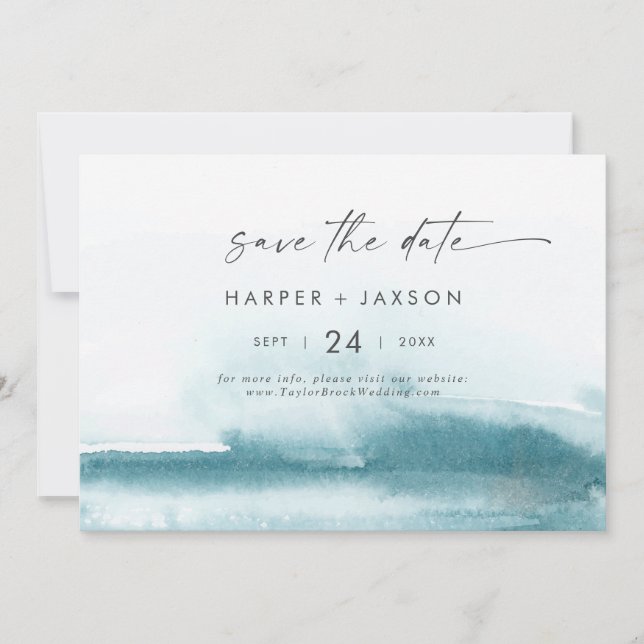 Moderne Wasserfarbe | Aquamarin Horizontal Save th The Date (Vorderseite)