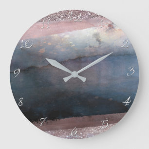 Moderne Wasserfarbe Blau & Roségold Rosa Erröten G Große Wanduhr
