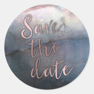 Moderne Wasserfarbe Blau & Roségold Save the Date Runder Aufkleber