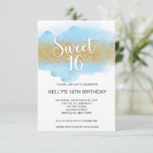 Moderne Wasserfarbe Blau Sweet 16 Sechzehn Einladung