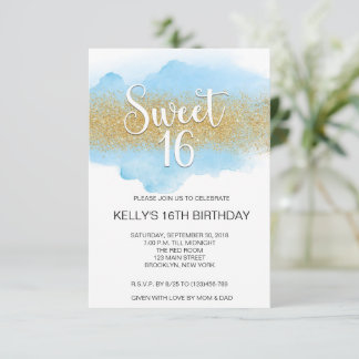 Moderne Wasserfarbe Blau Sweet 16 Sechzehn Einladung