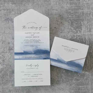 Moderne Wasserfarbe   Blaue Hochzeit All In One Einladung