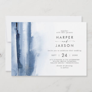 Moderne Wasserfarbe   Blaue horizontale Hochzeit Einladung