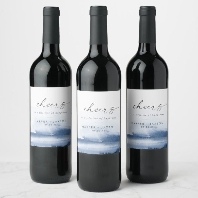 Moderne Wasserfarbe | Blue Cheers Wedding Weinetikett (Flaschen)