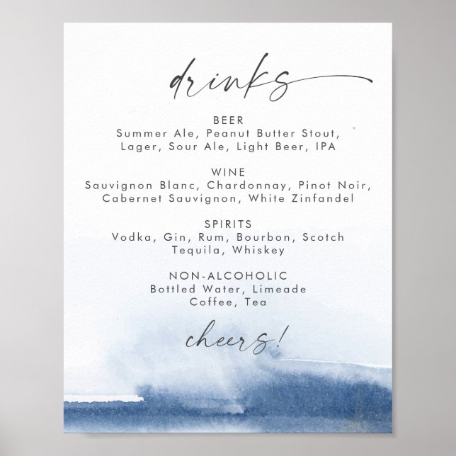 Moderne Wasserfarbe | Blue Wedding Drinks Menu Sig Poster (Vorne)