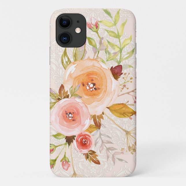 Moderne Wasserfarbe Elfenbein in rosa Rose Foliage Case-Mate iPhone Hülle (Rückseite)